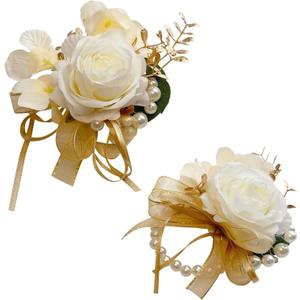 Champagne Boutonniere and Corsage Set - 2Pcs Groom Boutonniere & Wrist Corsage Bracelets for Wedding, Prom and Anniversary,Formal Dinner Party & Ring Bearer & Niece Accessories