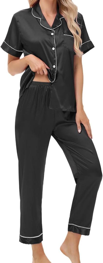 Exemaba Women's Satin Pajama Set Short Sleeve Silk Top and Pants Set Classic Button Down 2-Piece Sleepwear Loungewear(Black, S)