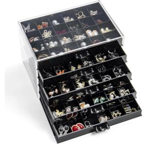 Earring Storage Box Organizer, Acrylic Jewelry Storage Box Holder 5 Drawers Transparent Jewelry Display Stand with 120 Small Compartments Gift Boxes for Women Girls (Black)