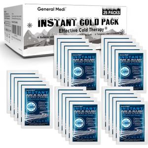 General Medi Instant Ice Cold Pack (4x 5.5)  25 Packs Disposable Cold Therapy Ice Packs for Pain Relief, Swelling, Inflammation, Sprains, Toothache  for Athletes & Outdoor Activities