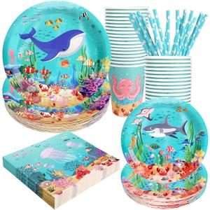 Recheel Under the Sea Birthday Party Supplies Decorations, Ocean Theme Paper Plates and Napkins Set for 24 Guests, 120 Pcs Disposable Sea Animals Party Dessert Dinnerwares