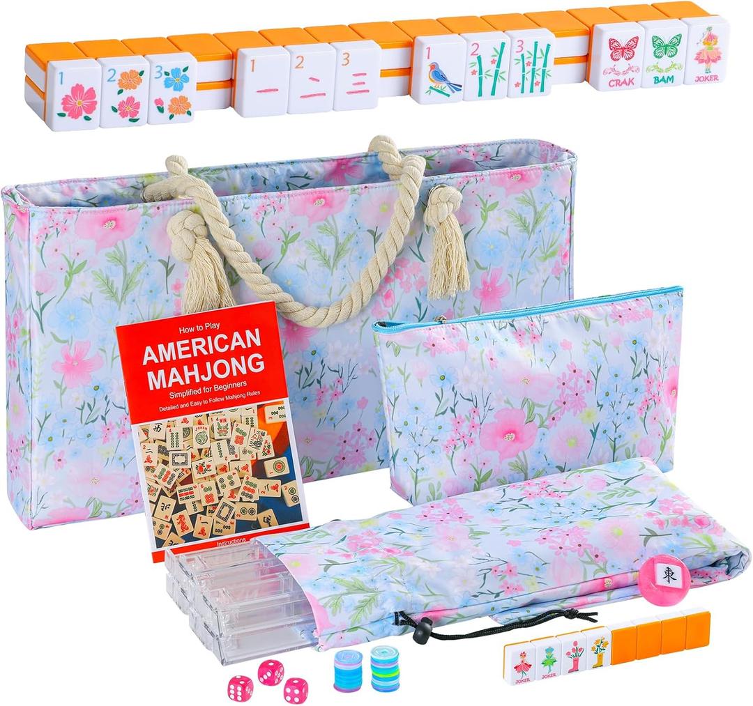 2026 American Mahjong Set Complete with Blue Carrying Bag, 160 Orange Mahjong Tiles, 4 All-in-One Transparent Mahjong Racks with Pushers, Majiang Tile Set