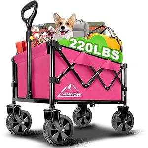Amnow Collapsible Wagon Cart with Wheels Foldable, Folding Wagons Carts with Silent Universal Wheels, Large Grocery Cart On Wheels, Heavy Duty Utility for Shopping Beach Sports Fishing Camping, Pink