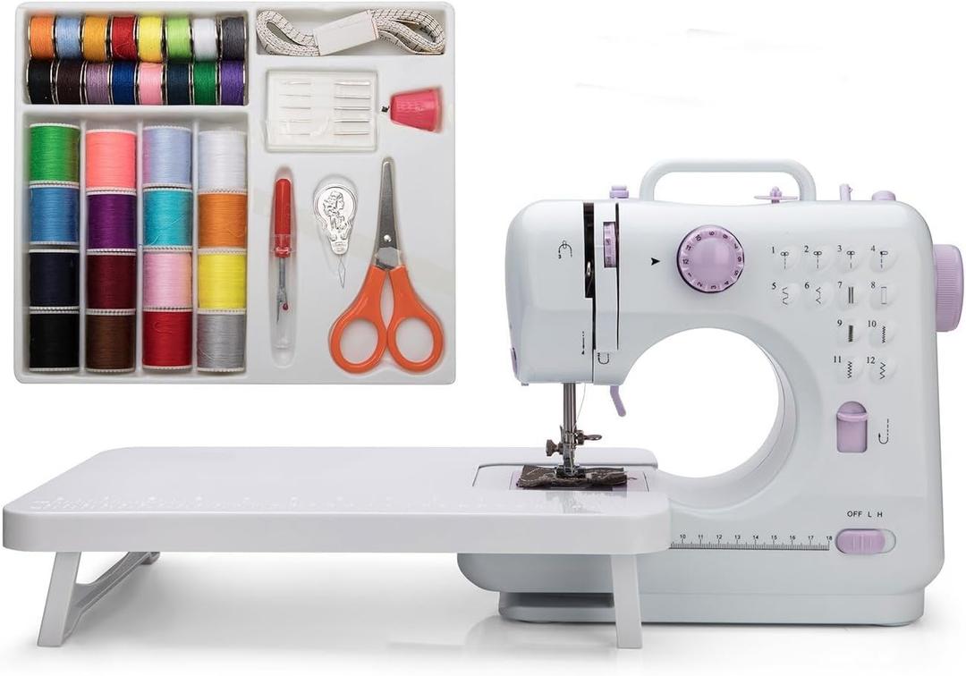 Mini Sewing Machine by Kalatic (Including Extension Table and Sewing Supplies Set) - Small Electric Overlock Sewing Machines with 2 Speed 12 Built-in Stitch Patterns KT-005-A23