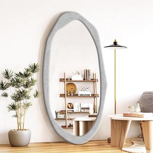 TRAHOME Irregular Asymmetrical Wall Mirror, 48" x 24" Flannel Wrapped Wooden Frame Frame Mirror for Living Room Bathroom Entryway, Hanging or Leaning Against Wall(Grey)