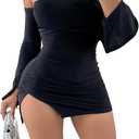 SHENHE Women's Off Shoulder Side Slit Long Sleeve Bodycon Sexy Mini Dress Club Night Dress (Black, M)