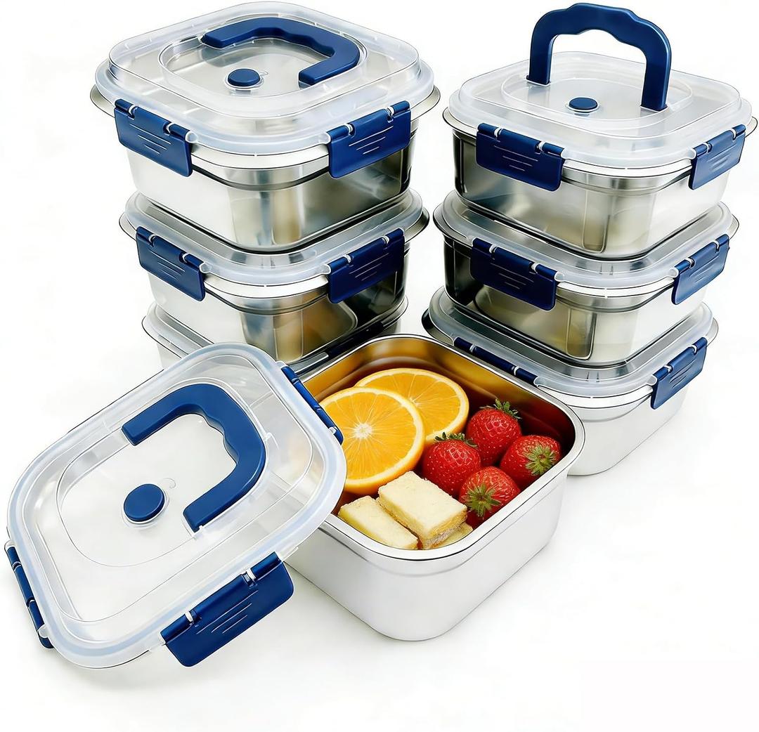 6PCS Stainless Steel Fruit Storage Containers for Fridge, Leak Proof Airtight Snack Box with Handles, Food Storage Containers for Meal Prep, Freezer & Dishwasher Safe, Blue