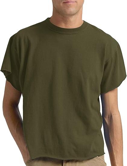 Peacameo Men's Short Sleeve Round Neck T Shirts Boxy Cropped Raw Cut Tee Casual Basic Tops (Olive Green,Small)