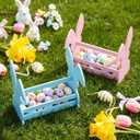 Yookeer 2 Pcs Wood Bunny Easter Baskets with Handle, Cute Easter Rabbit Candy Eggs Basket Empty Hunt Container Storage for Gifts, Pink and Blue