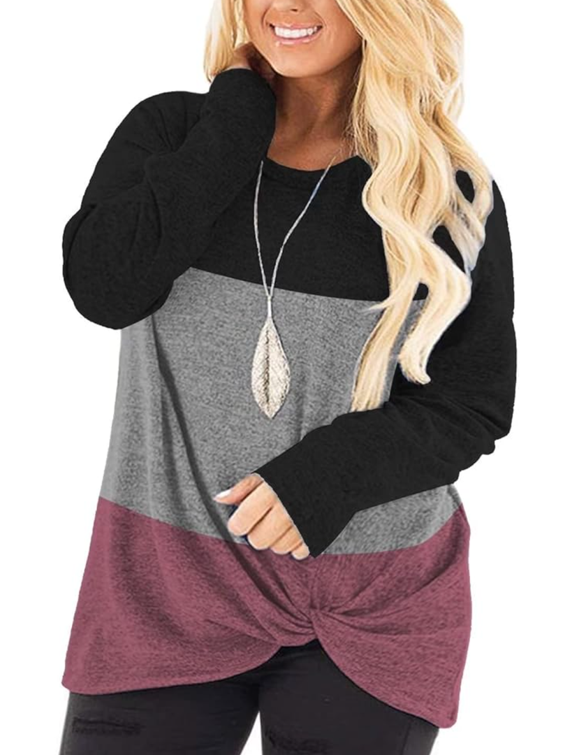 DOLNINE Womens Plus Size Knotted Tops Long Sleeve Tee Shirts Loose Casual Blouse 2XL