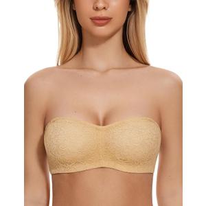 Wingslove Women's Strapless Bra Floral Lace Bandeau Unlined Underwire Minimizer Multi-Way Plus Size Support (32DD, Nude)