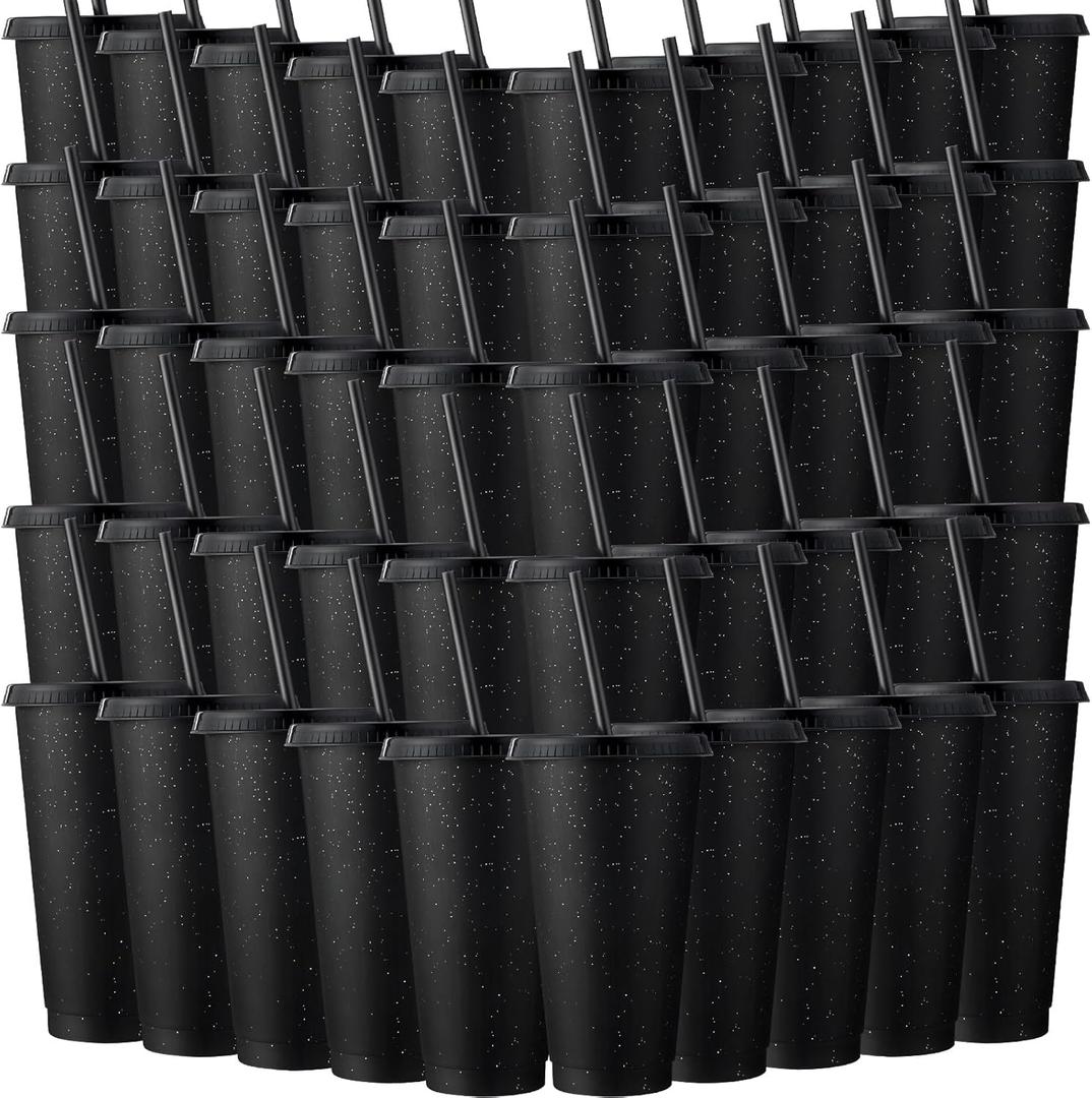Honeydak 60 Pack Tumbler with Straw and Lid Bulk Cups for Gifts Glitter Plastic Coffee Cups 24-27 oz Reusable Water Bottle Iced Coffee Travel Mug Party Favors for Birthdays Travel (Black)