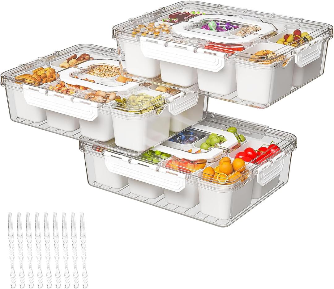REBECAT Divided Serving Tray with Lid and Handles 8 Compartments Snack Box Container Charcuterie Organizer Snackle Box Container for Candy, Nuts，Fruits, Snacks, 3 Pack, White