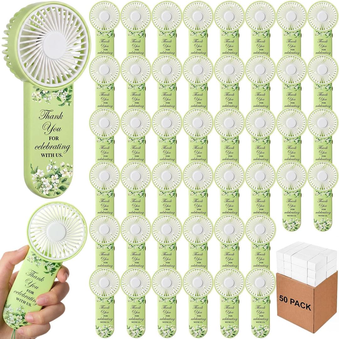 VIHOSE 50pcs Wedding Handheld Fans for Guest Mini Portable Fans Bulk Thank You for Celebrating with Us Gifts for Summer Bridal Shower Bridesmaid Party Favors, Battery Powered(Green)
