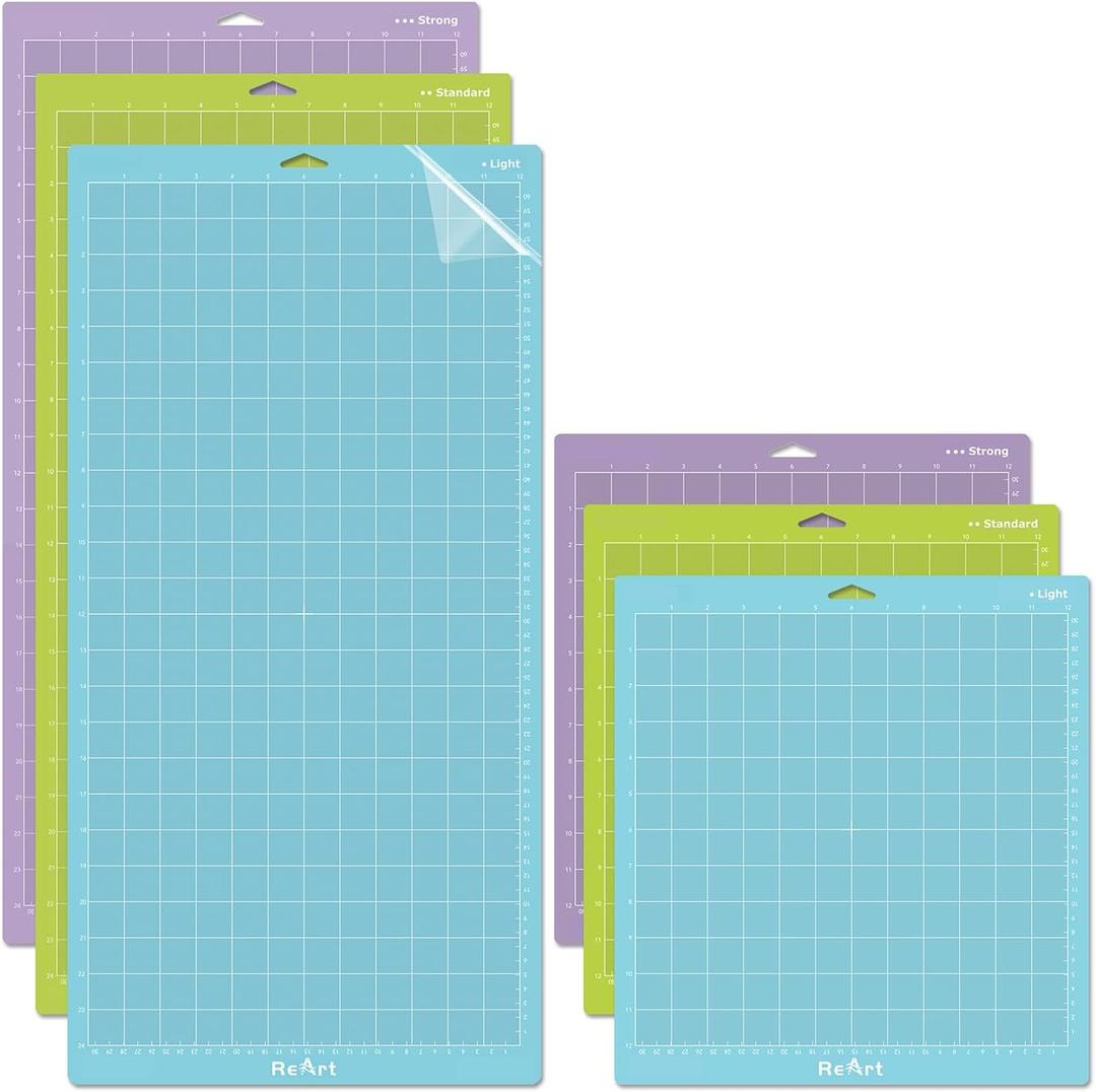 ReArt Cutting Mat Variety 6 Packs for Cricut Maker 3/Maker/Explore 3/Air 2/Air/One Adhesive Sticky Replacement - Strong, Standard, Light, 12in x 12in x 3 Packs, 12in x 24in x 3 Packs., 12x24 inches, 12x12 inches