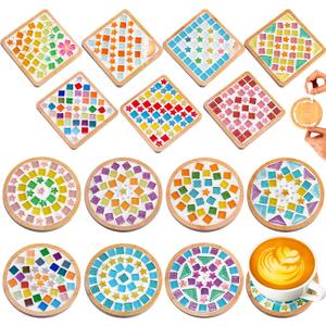 Reallnaive 14 Sets Valentines DIY Mosaic Tiles for Crafts Mixed Color Glass Mosaic Kits Xmas DIY Coasters Kit Make Your Own Stained Glass Coaster for Handmade Holiday Decoration Gift (Assorted Style)