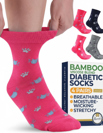 Pembrook Ankle Diabetic Socks for Women & Men - 4 Pairs Cats (Gray, Navy, Purple, Pink), Diabetic Plus Size Socks for Neuropathy (Medium)