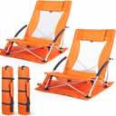 Huskfirm Low Beach Chairs 2 Pack Lightweight Beach Chairs for Adults Orange | Folding Aluminum Backpack Beach Chair with Cup Holder & Carry Bag, Heavy Duty Beach Chair Set for Beach, Camping, Concerts