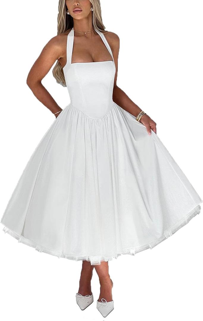 Women Summer Halter Dress Low Cut Sleeveless A Line Tulle Swing Flowy Tea Length Dress Corset Prom Formal Ball Gowns (White, X-Large)