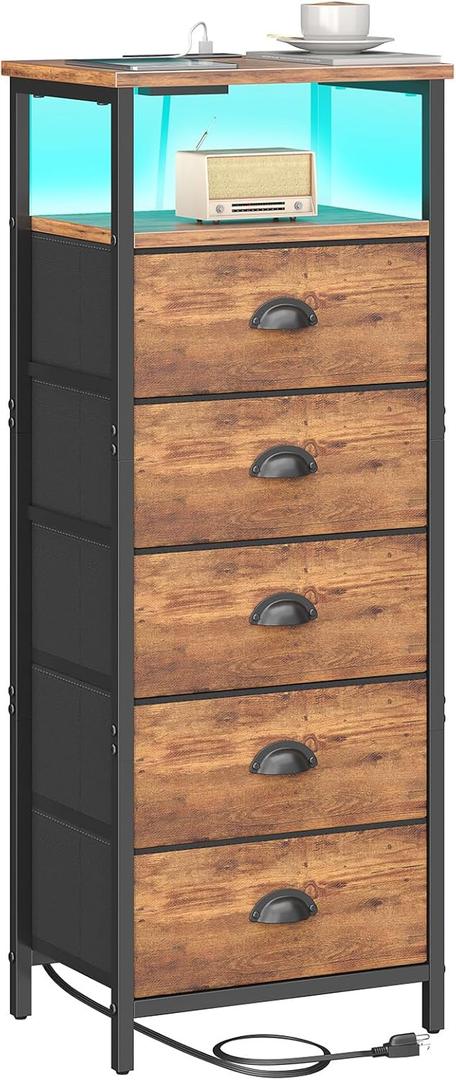sthmec Nightstand with Charging Station,LED Night Stand with 5 Fabric Drawers, Bedside End Tables, 2-Tier Open Storage Shelf Side Table Nightstands with Drawers for Bedroom,Rustic Brown