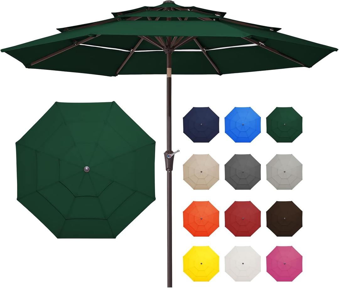 JEAREY 9FT 3 Tier Patio Umbrella Outdoor Market Umbrella Table Umbrellas with 8 Ribs 1.5 Pole Push Button Tilt and Crank UV Protection for Garden,Dark Green
