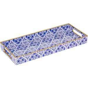 MAONAME Blue Decorative Tray, Plastic Serving Tray with Handles, Rectangular Moroccan Trays, Long Narrow Trays for Bathroom, Kitchen Counter, 13.8" X 6" X 1.57"