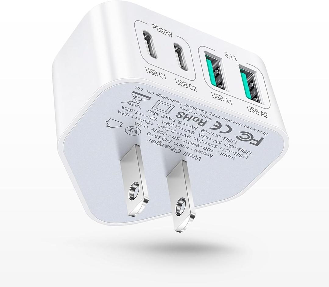 40W USB C Charger Block, 4-Port Flat Wall Charger Fast Charging Block[USB A & USB C]Multiport C Plug Type C Power Adapter Brick compatible with iPhone 16/15/14/13/12 Pro Max/XS/XR,iPad,Samsung,Tablet