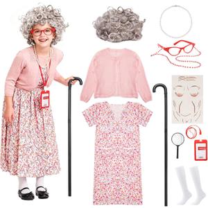 Skirfy Old Lady Costume for Kids, 100 Days of School Granny Outfit Kit with Wig, Cane and Other Dress Up Accessories (M(4.4-4.7ft,Age 6Y-8Y))