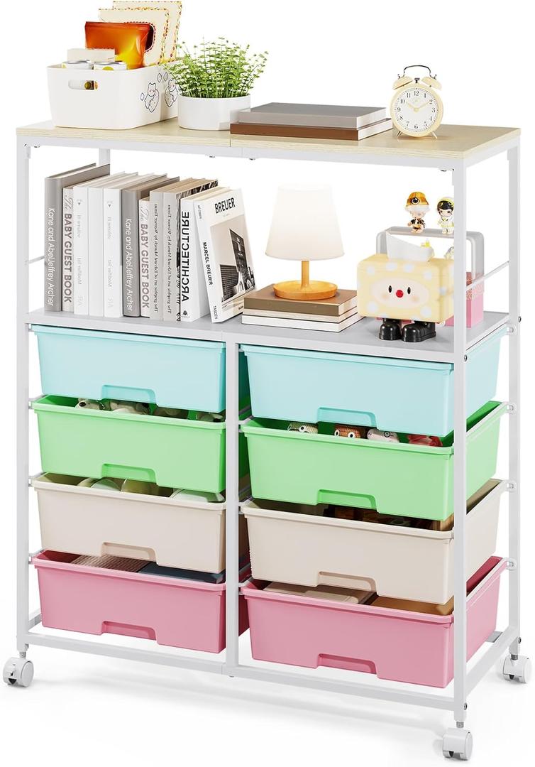 8 Drawers Rolling Storage Cart with Wooden Top, Multipurpose Utility Cart with Opening Shelf & Lockable Wheels, Storage Drawer Cart Organizer for Home Office Craft Room Classroom, Rainbow