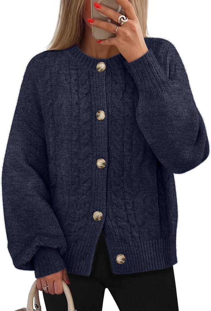 MEROKEETY Cardigan Sweaters for Women Fall Long Sleeve Cable Knit Button Open Front Casual Outerwear Coat (S)