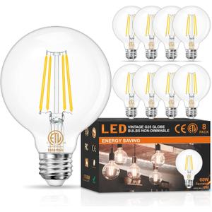 8-Pack LED Bathroom Light Bulbs 60W Equivalent, 4000K Natural Daylight, G25 Globe Edison Light Bulbs E26 Base, 6W Round Vanity Light Bulb with Filament Clear Glass, 600LM, 120V, Non-dimmable