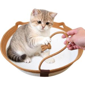 Instinct Basket,Stimulicat Cat Bed,Stimulicat Cat Bed Rope Cotton with Cushion,Eliminates Bed Rejection Round Pet Basket,Boho Catbed for Cats Handwoven Scratchable Breathable Weave (White, Large)