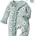 Infant Newborn Baby Girl Clothes Onesies for Baby Girl Long Sleeve Ruffle Baby Clothes with Headband (9-12 Months, Green Daisy)