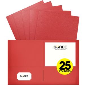 SUNEE Folders with Pockets (25 Pack, Red), 2 Pocket Folders Fit Letter Size Paper, Paper File Folder for School Office Home Business
