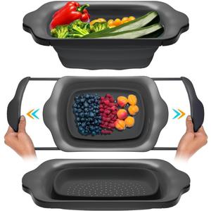 Sleek Black Over-The-Sink (OTS) Colander with Convenient Handles - Space-Saving Kitchen Strainer for Pasta, Vegetables, and Fruits - Elevate Your Kitchen Organization