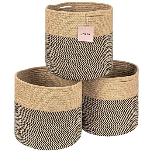 voten Storage Cubes Baskets Bins Organizer 11x11x11'' Fit 12x12''Cube Storage Organizer Bookcases Shelf,Durable Woven Cotton Storage Basket for Organizing,Round 3Pack Camel/Mixed Black