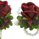2 x MAFELOE Boutonniere Corsage Set, Artificial Flowers Accessories for Wedding Prom Party Homecoming Celebration Suit Decorations-2 Pieces Burgundy+Green