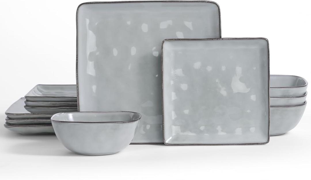 Famiware Dinnerware Sets for 4, Ocean Square 12-Piece Kitchen Plates and Bowls Sets, Reactive Glaze, Microwave and Dishwasher Safe, Scratch Resistant, Grey (Gray)