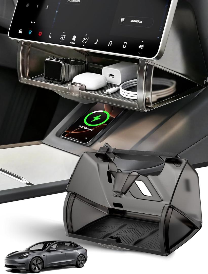 Under Screen Storage Box for Tesla Model Y and Model 3, Hidden Organizer Tray with Soft-Close Lid, Silicone Mats, Fits Juniper, Highland, and Earlier Versions