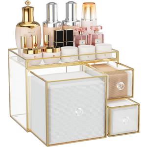 Coralhouse Tempered Glass Face Towel Holder with 3 Drawers, Bathroom Vanity Organizer for Disposable Face Towels, Cotton Pads, Swabs and Skincare Tools