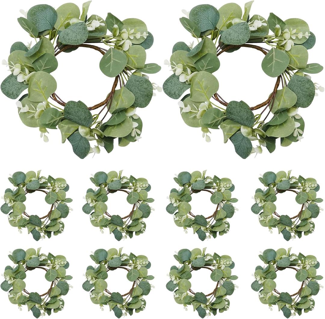 10 PCS Artificial Eucalyptus Wreaths, Candle Rings Wreaths, Candleholders Suitable for Family Gatherings, Holiday Decorations, Gift Selections, Celebration DecorOuter Diameter 25 cm