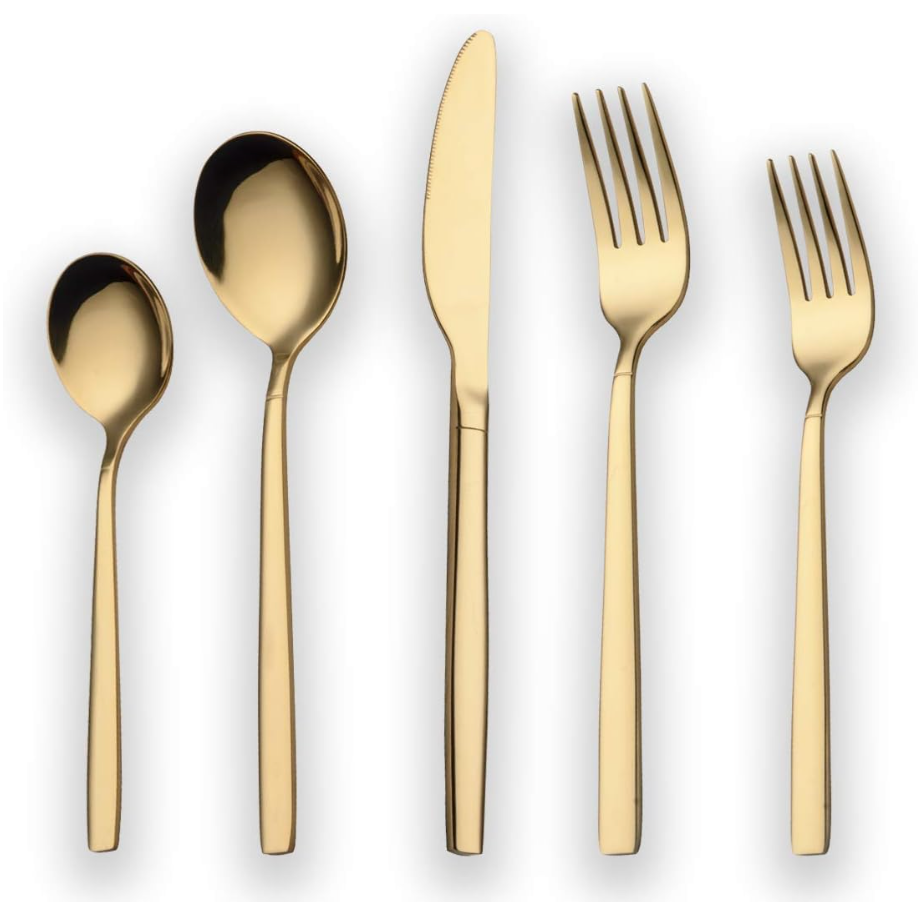 Berglander 40 Piece Titanium Gold Plated Stainless Steel Flatware Set, 40 Pieces Golden Silverware Set, Golden Cutlery Set, Service for 8 (shiny Gold)