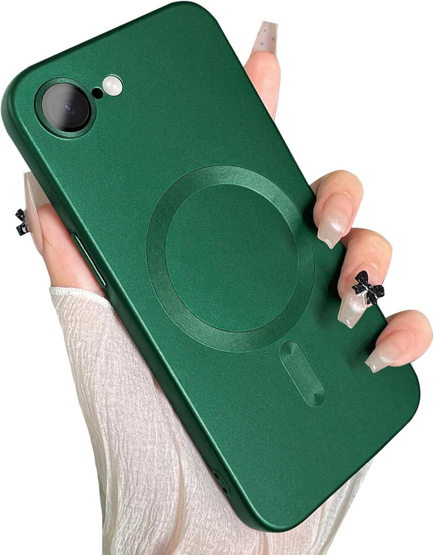 ankofave Magnetic for iPhone 16e Case, with Camera Lens Protector, Compatible with Magnetic, Slim Shockproof Bumper Soft Silicone Metallic Lustre Phone Case for iPhone 16e, Green