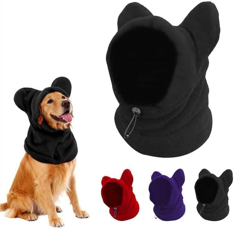 Dog Snood Winter Hood with Ear Protection, Fleece Neck Warmer for Dogs, (Black, Large)
