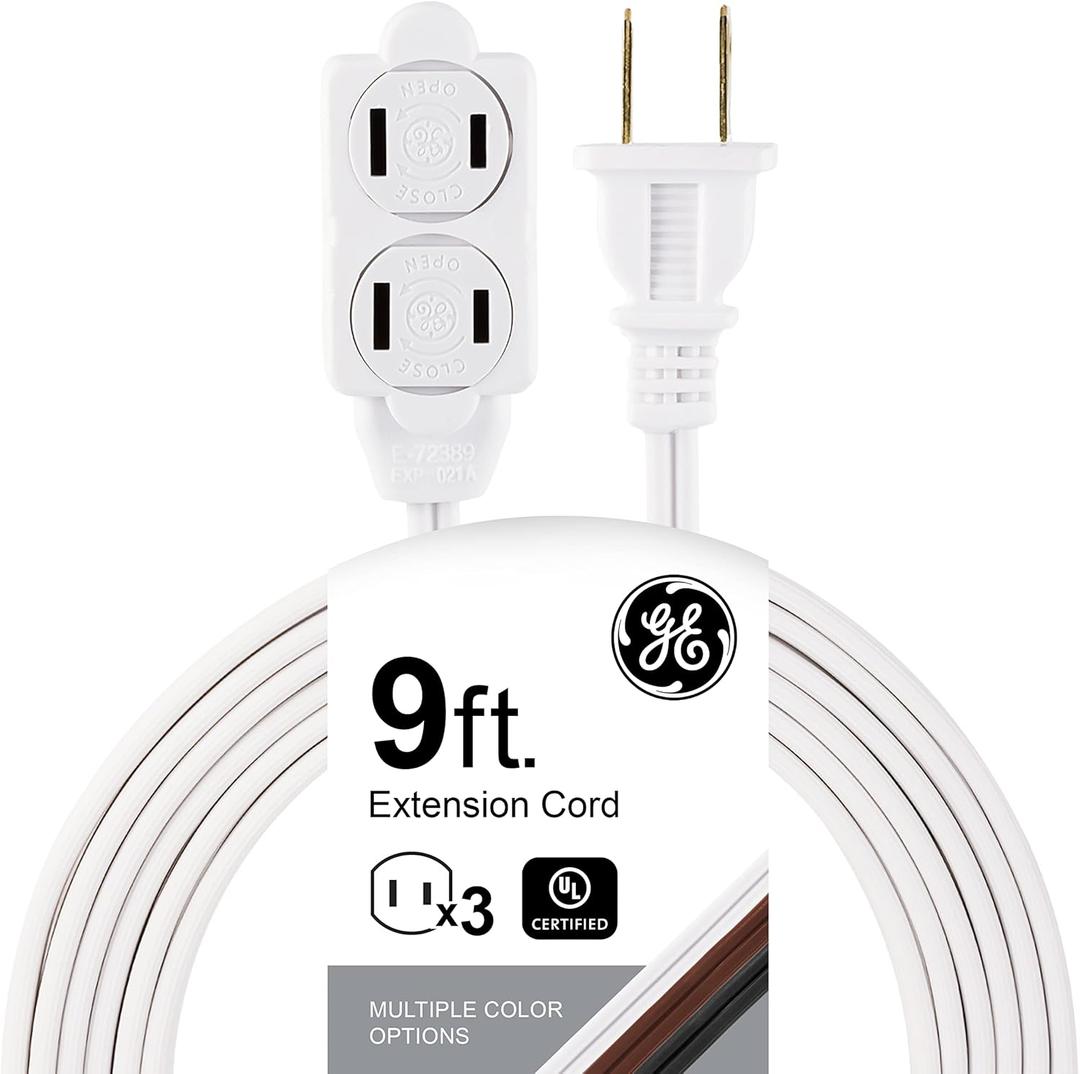 GE 3-Outlet Extension Cord with Multiple Outlets 9 Ft Extension Cord Power Strip 2 Prong 16 Gauge Twist-to-Close Safety Outlet Covers Indoor Extension Cord Outlet Extender UL Listed White 51947