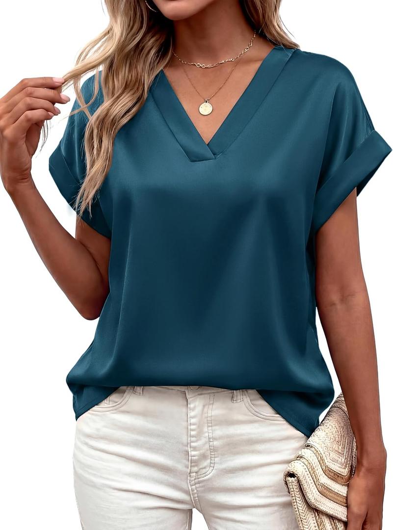 MASCOMODA Womens V Neck Silk Satin Tops Dressy Short Sleeve Work Blouses Spring Summer Loose T Shirts Business Casual Outfits (M)