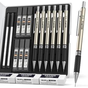 Nicpro 0.5 mm Art Mechanical Pencils Set in Gift Case, 6 PCS Metal Drafting Pencil 0.5mm with 6 Tube HB Lead Refills & 18 PCS Eraser Refills for Adults, Children, Artist Writing, Drawing, Sketching