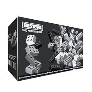 Building Bricks 1000 Pieces in Black, Dark Grey, Light Grey & White, Classic General Building Blocks Toys for Boys & Girls, Bulk Basic Brick Tiles for Adult's Building Projects