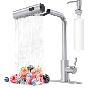 AVSIILE Brushed Nickel Kitchen Faucets with Pull Down Sprayer & Soap Dispenser, Single Hole & Handle, Pull Out Tap, Waterfall Stainless Steel Sink Faucet for Farmhouse Camper Laundry Rv Bar