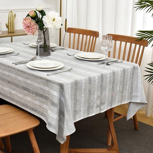 Limalred Farmhouse Striped Embroidery Rectangle Tablecloth, Openwork Heavy Weight Linen Wrinkle Resistant Table Cloth Coffee Table Cover for Home Party Banquet Decor 52 x 70  Inch Grey